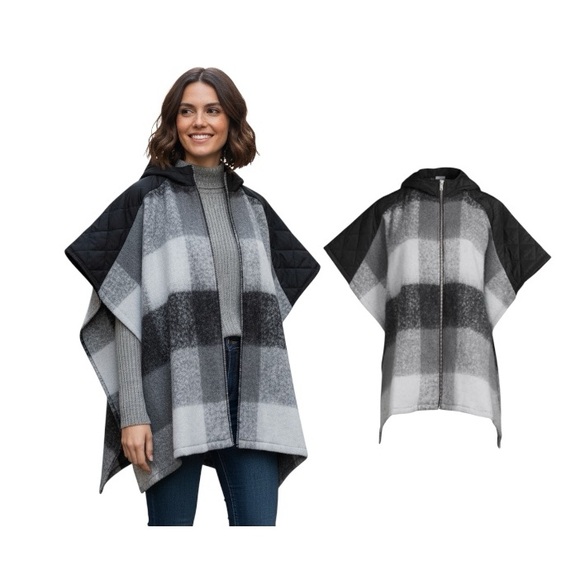 Time And Tru Plaid Hooded Zipper Poncho Sweater - Picture 11 of 11